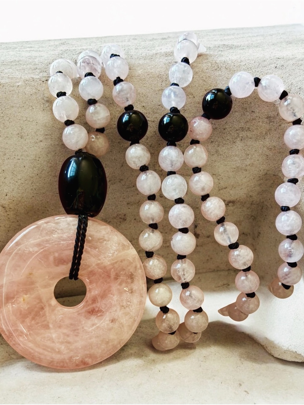 Hand Knotted Mala Rose Quartz & Black Onyx Markers. Rose Qtz Pi-Stone (108 bead)